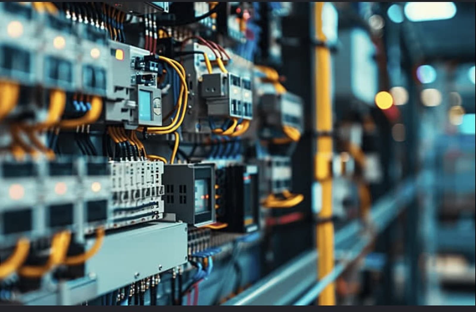 Painel elétrico industrial com componentes e cabeamento organizado